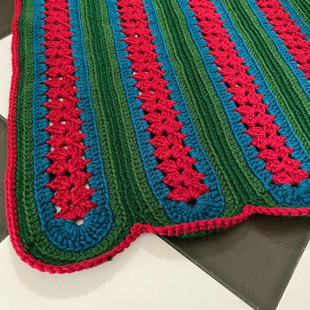 Vintage Crochet Throw in Green, Teal & Red